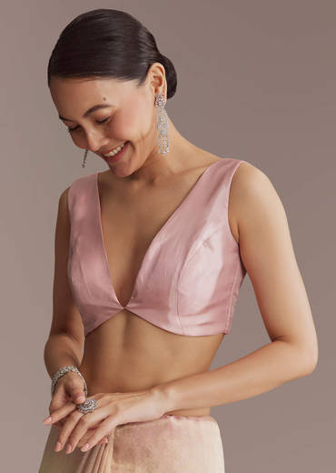 Beige And Pink Ombre Jacquard Embroidered Saree With Mirror Work