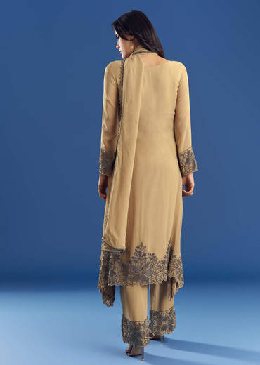 Beige Asymmetrical Georgette Beaded Kurta Pant Set With Dupatta