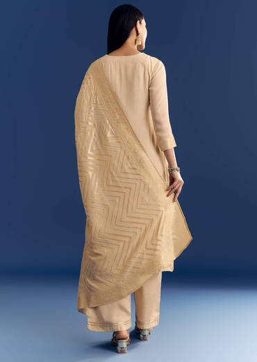Beige Banarasi Georgette Kurta Set With Zardosi Neckline
