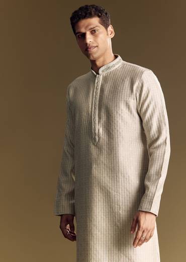 Beige Banarasi Jacquard Kurta Set With Intricate Cutwork