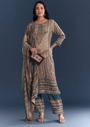 Beige Blue Ombre Crepe Kurta Set With Indie Print And Zari Work