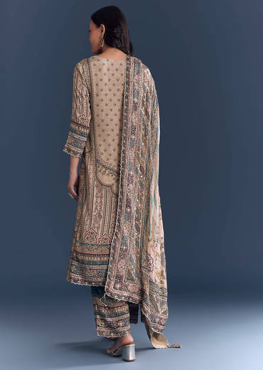Beige Blue Ombre Crepe Kurta Set With Indie Print And Zari Work