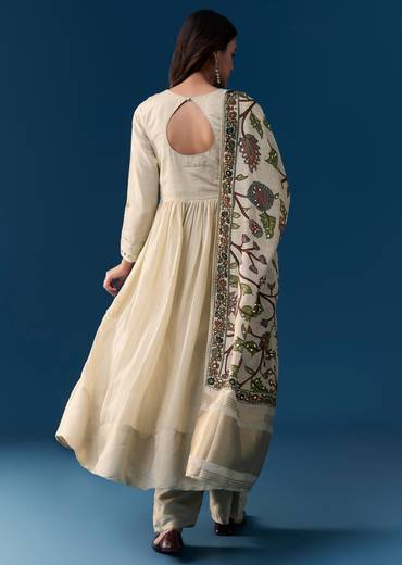 Beige Chanderi Anarkali Set With Mirror And Sequins Work
