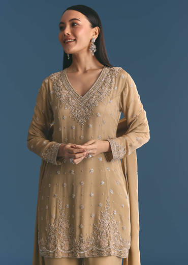 Beige Chinon Kurta Palazzo Suit With Sequins Thread Work