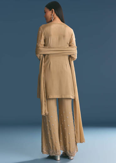 Beige Chinon Kurta Palazzo Suit With Sequins Thread Work
