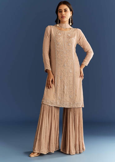 Beige Chinon Kurta Sharara Set With Cut Dana Sequins Work