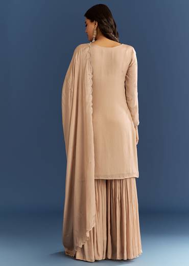 Beige Chinon Kurta Sharara Set With Cut Dana Sequins Work