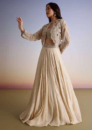 Beige Chinon Lehenga Jacket Set With Beads And Cutdana Work