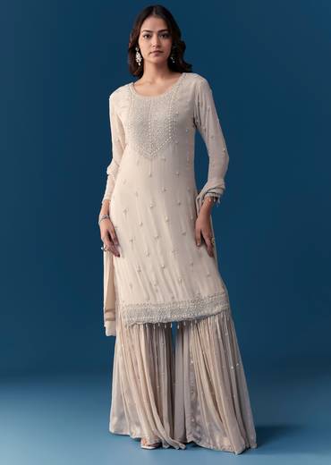 Beige Chinon Sharara Set With Cut Dana And Sequins Work