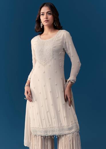 Beige Chinon Sharara Set With Cut Dana And Sequins Work