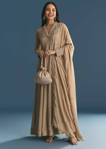 Beige Chinon Zardosi Work Anarkali Suit With Embroidered Dupatta
