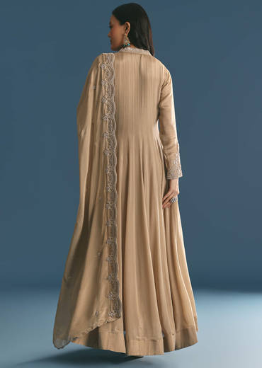 Beige Chinon Zardosi Work Anarkali Suit With Embroidered Dupatta