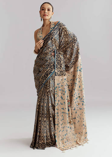 Beige Cotton Linen Saree With Hand Block Print And Kantha Work