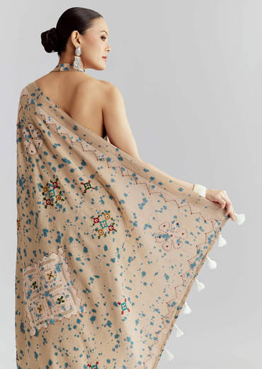 Beige Cotton Linen Saree With Hand Block Print And Kantha Work