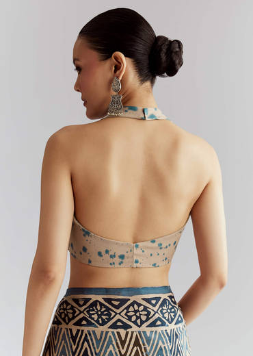 Beige Cotton Linen Saree With Hand Block Print And Kantha Work