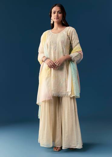 Beige Cotton Sharara Set With Thread And Sequins Work