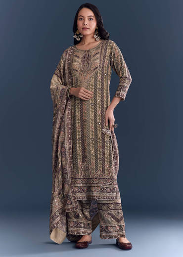 Beige Crepe Kurta Set With Floral Print And Zari Embroidery