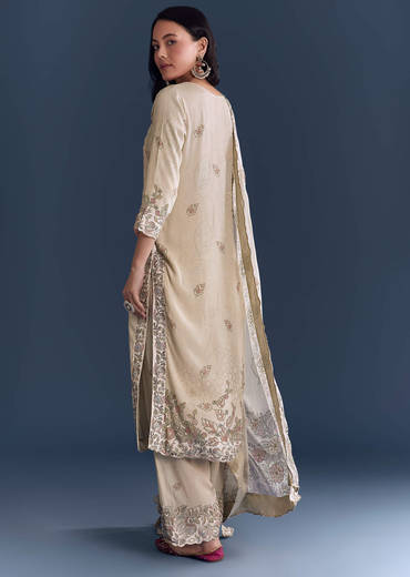 Beige Crepe Kurta Set With Floral Print And Zari Work