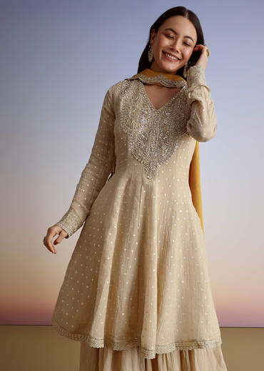 Beige Crush Tissue Embroidered Kurta Sharara Suit With Dupatta