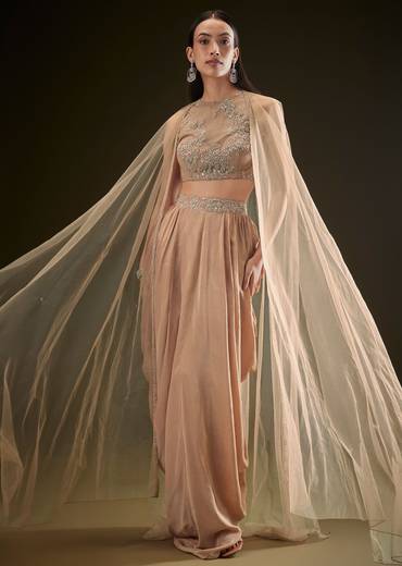 Beige Drape Dhoti Skirt With Embroidered Bustier And Long Cape