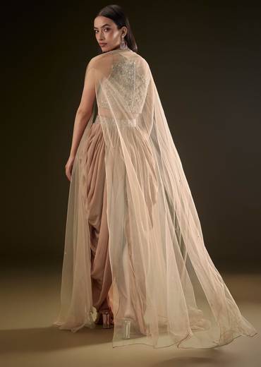 Beige Drape Dhoti Skirt With Embroidered Bustier And Long Cape
