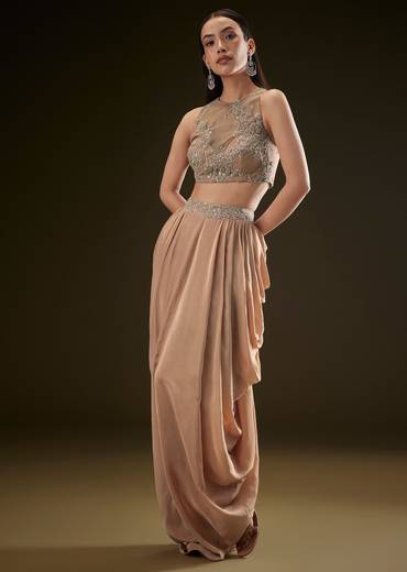 Beige Drape Dhoti Skirt With Embroidered Bustier And Long Cape