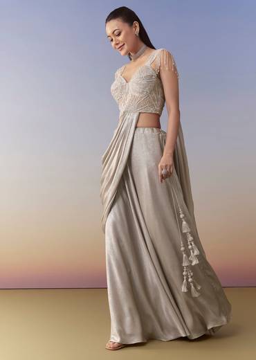 Beige Draped Crop Top Skirt Set with Cutdana Work