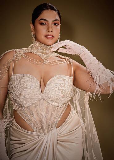 Beige Embroidered Drape Gown With Full Length Embroidered Cape