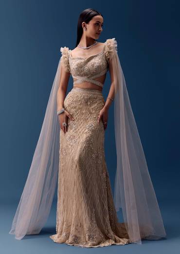Beige Fishcut Lehenga with Draped Ruffle Blouse