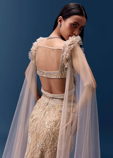 Beige Fishcut Lehenga with Draped Ruffle Blouse