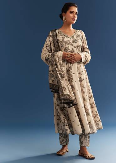 Beige Floral Printed Crepe Anarkali Set With Chinon Dupatta