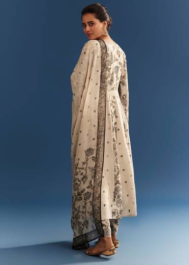 Beige Floral Printed Crepe Anarkali Set With Chinon Dupatta