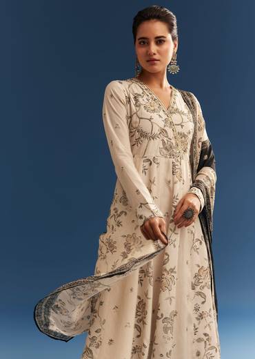 Beige Floral Printed Crepe Anarkali Set With Embroidered Neckline