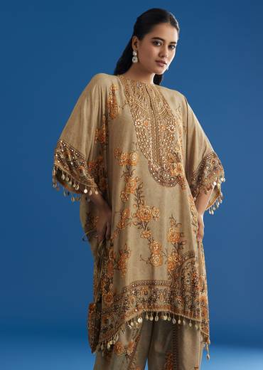 Beige Floral Printed Kaftan Dhoti Set With Shells And Metal Coin Tassels