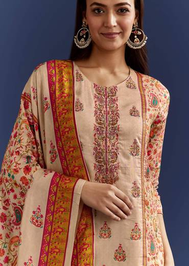 Beige Floral Printed Kurta And Dupatta With Cut Dana And Zardosi Work