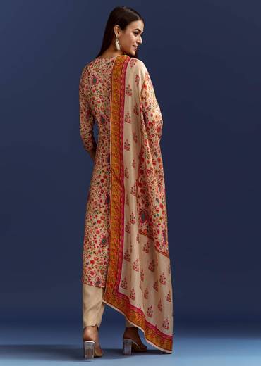 Beige Floral Printed Kurta And Dupatta With Cut Dana And Zardosi Work