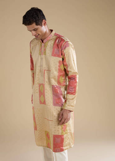 Beige Foil Print Silk Kurta Set