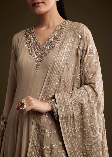Beige Georgette Anarkali Suit With Sequins And Thread Embroidery