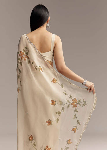 Beige Georgette Tissue Saree With Painted Florals And Sequin Embroidery