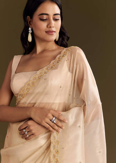 Beige Glass Tissue Saree With Cutdana And Beads Scallop Border