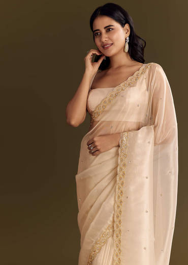 Beige Glass Tissue Saree With Cutdana And Beads Scallop Border