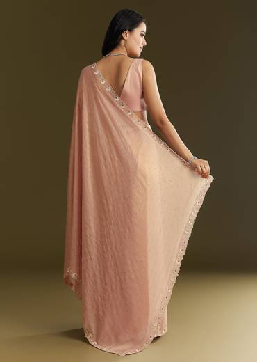 Beige Glass Tissue Saree With Moti Cutdana And Sequins Embroidery And Scallop Border