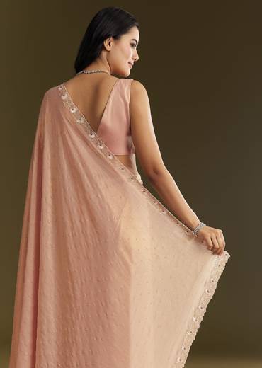 Beige Glass Tissue Saree With Moti Cutdana And Sequins Embroidery And Scallop Border