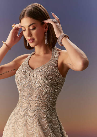 Beige Gown With All Over Sequin Bead And Cut Dana Embroidery