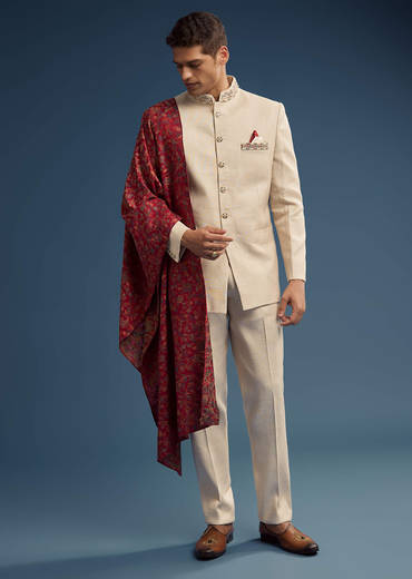 Beige Jacquard Jodhpuri Suit For Men With Pashmina Dupatta
