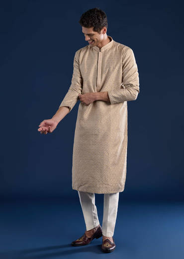 Beige Jacquard Mens Kurta Set