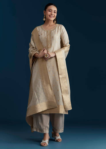 Beige Jacquard Weave Tissue Kurta Palazzo Set