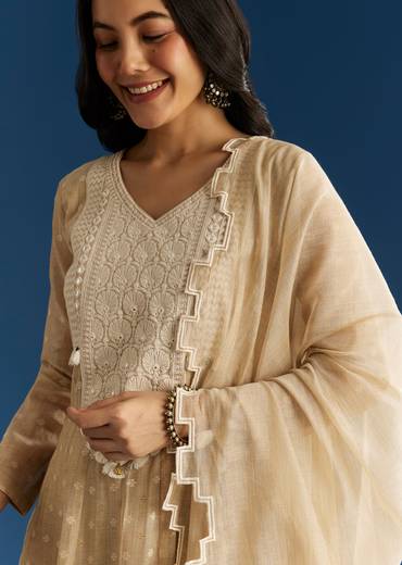 Beige Jamdani Anarkali Set With Thread Work Yoke And Floral Dupatta