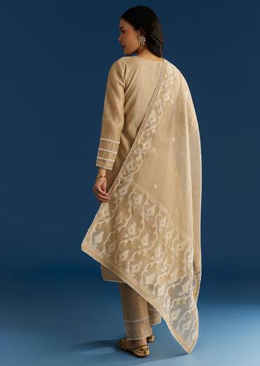 Beige Jamdani Kurta Set With Thread And Sequins Work