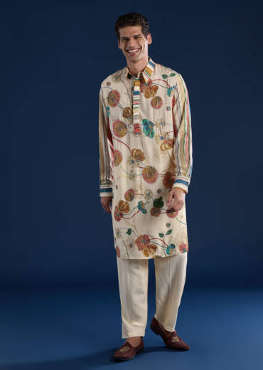Beige Kalamkari Print Mens Kurta and Pant Set